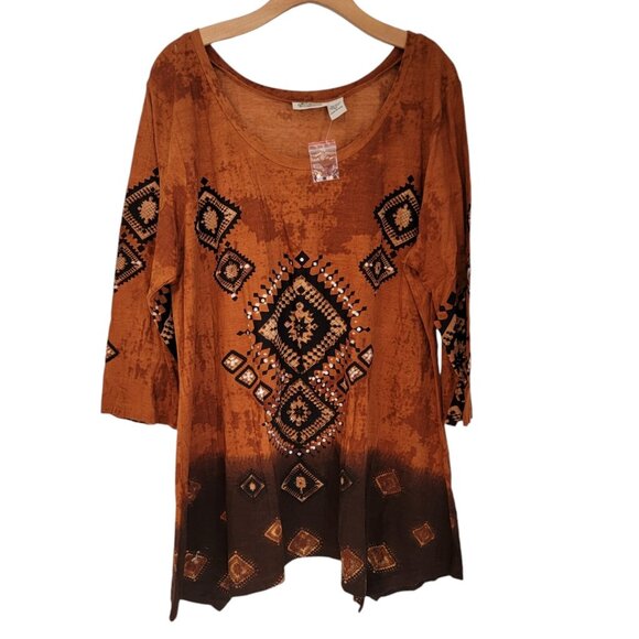 NWOT Collections Etc Top Southwestern Style Top Aztec Sharkbite Tunic Sz XL NEW‎ - Picture 1 of 9
